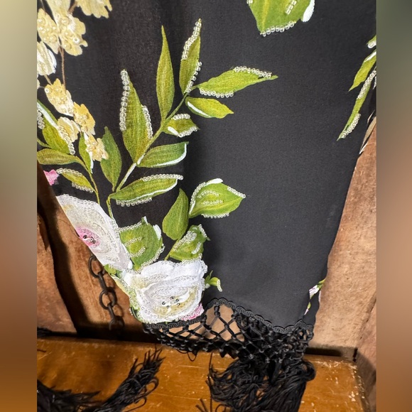 Floral Blac Wrap with Fringe - Picture 7 of 11